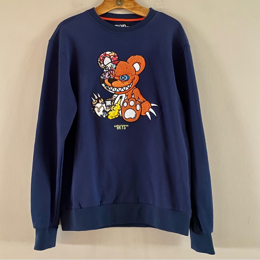 BKYS Men’s Navy Pullover Sweatshirt Monster Bear Appliqué Streetwear Sz. MEDIUM